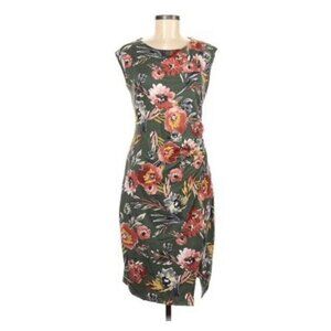 Verse Women's Jersey Dress Olive Pink Flower Split Gathered Skirt Small USA Made